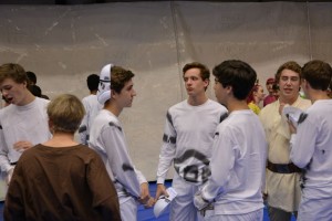 Junior Boys await the beginning of the spirit week skits. Photo: Mrs. Wilson