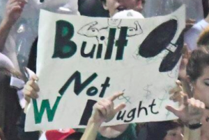 Westminster students hold sign at Pace vs. Westminster game. Photo: Fred Assaf