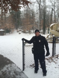 Officer Jonathan Cornelius joined the fun with the snow while protecting the campus.
