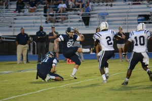 Senior kicker Samuel Sloman nails his first of three field goals on the night to give Pace a 3-0 lead.