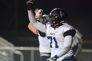 Senior Jordan Harris took down the QB for a safety for Pace. Photo: Fred Assaf