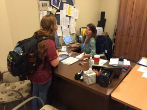 Senior Lauren Pickman informs Mrs. Meyring that she submitted a college application. Photo: Zack Kaminsky