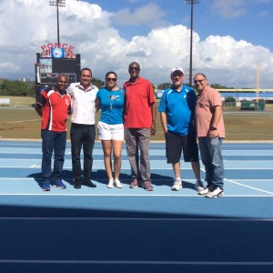 From left to right, Franklyn Colon, Osvaldo Lopez Rivera, Sra. Agront-Hobbs, Charles Oliver, Mike Killpack, and Angel Negron visit a potential site for the AAU track meet in Puerto Rico this June.