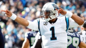 Carolina Panthers quarter back, Cam Newton, celebrates in the Panthers playoff win over the Seattle Seahawks. Photo: ESPN
