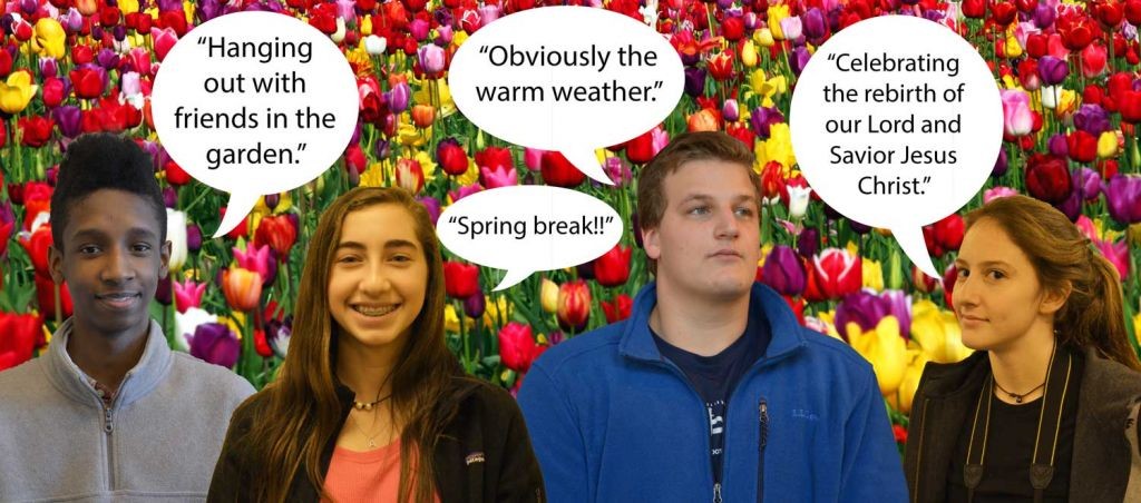 (L-R) Junior Jibril Sadiq, freshman Abigail Meyerowitz, and seniors Philip Elliott and Caroline Hardison share their thoughts on why spring is the best season. Photos: Landon Goldstein