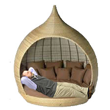 Upper School Librarian Mat Ball lounges in a cocoon chair. Photo: Alyse Greenbaum