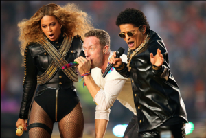 Beyonce, Chris Martin, and Bruno Mars perform song Up & Up during Super Bowl 50 Halftime Show. Picture: NFL.com