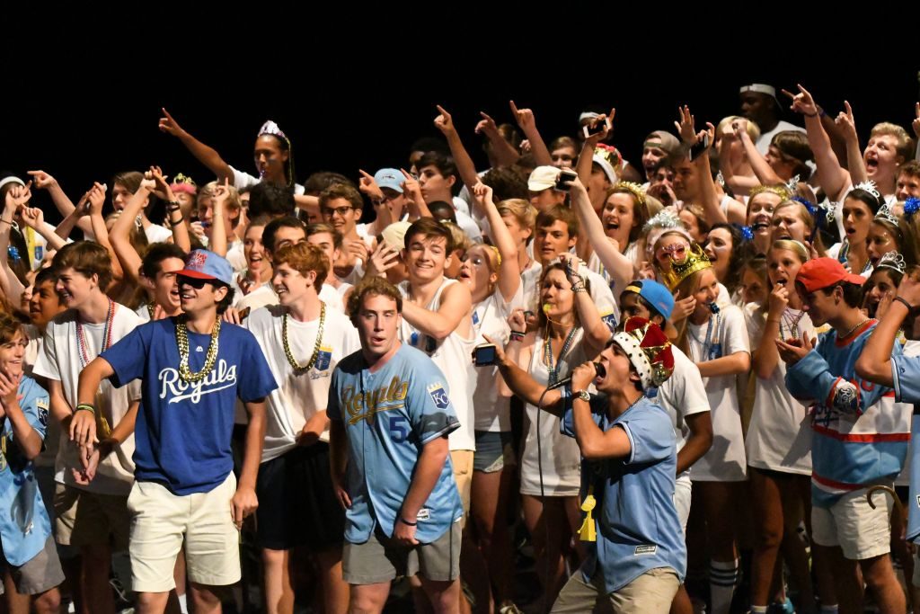 Seniors Brian Sloan and Ben Siegel took the 'mic with the grade at their back to welcome everyone back. Photo: Fred Assaf