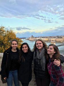 Molly Richardson, Nicole Ortiz, Merritt Ann Glass and Anna Stone pose for a picture overlooking the Danube River in Budapest. Photo: Merritt Ann Glass